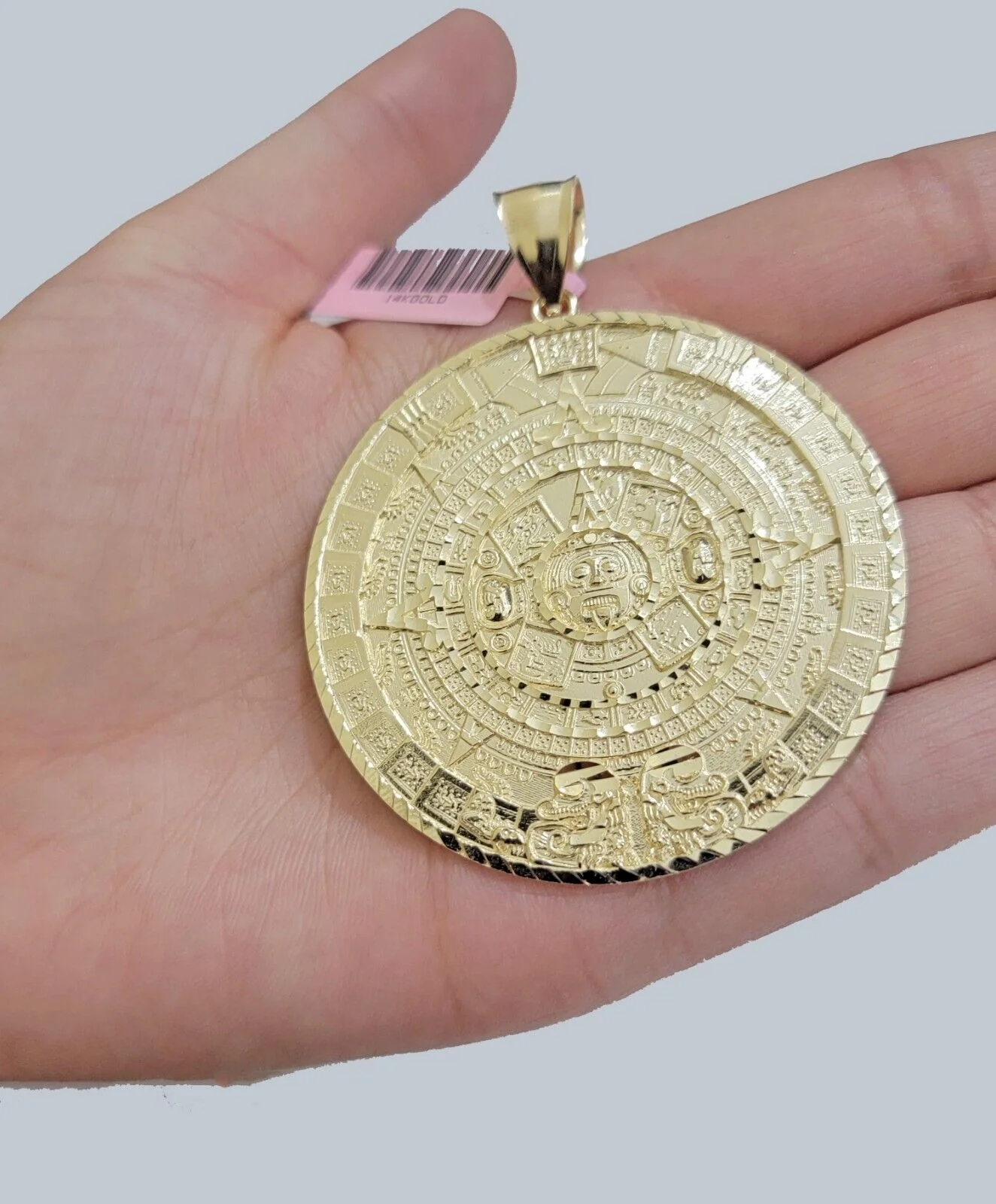 SOLID Real 14kt Yellow Gold Pendant Aztec Mayan Calendar 2.5" Men's Round Charm - Image 7