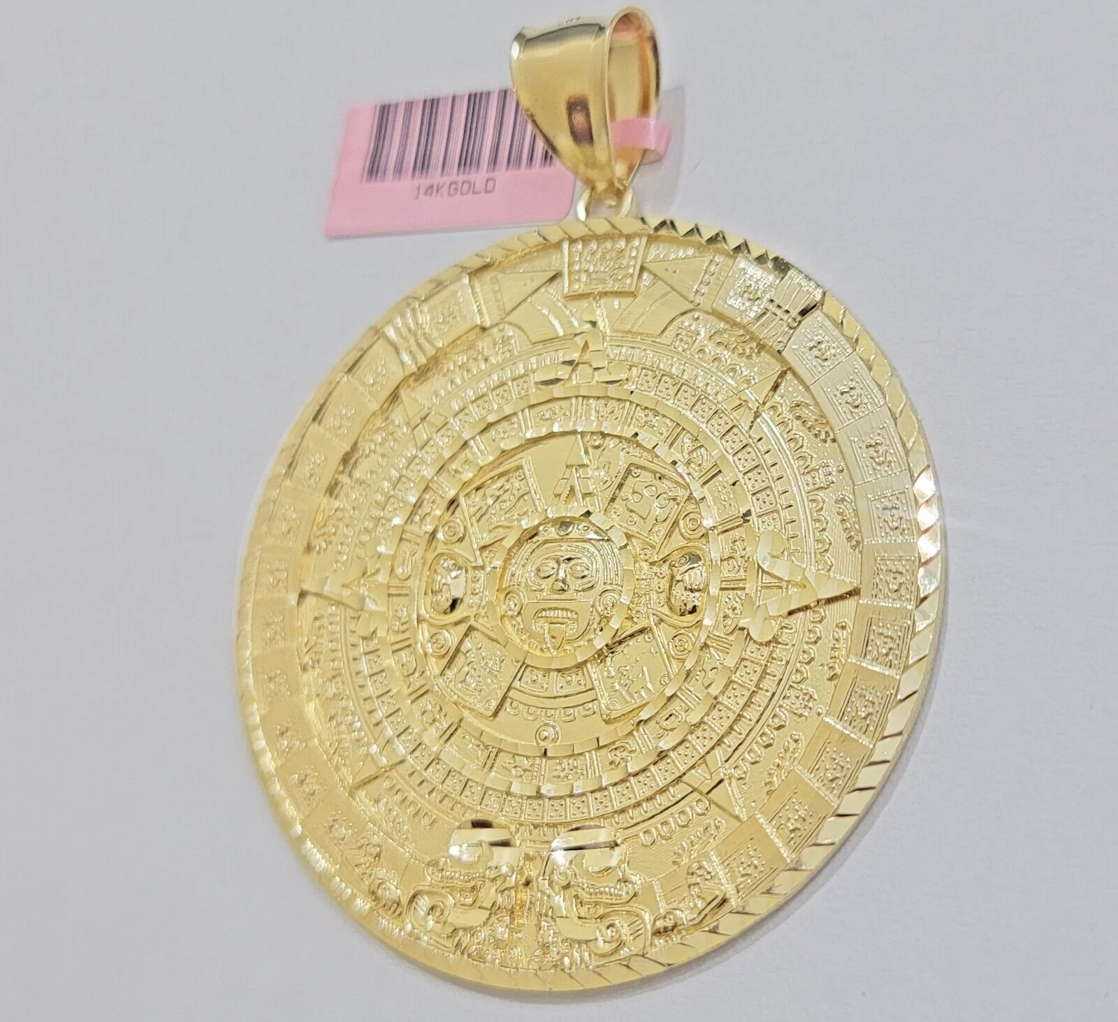SOLID Real 14kt Yellow Gold Pendant Aztec Mayan Calendar 3.2" Men's Round Charm - Image 2